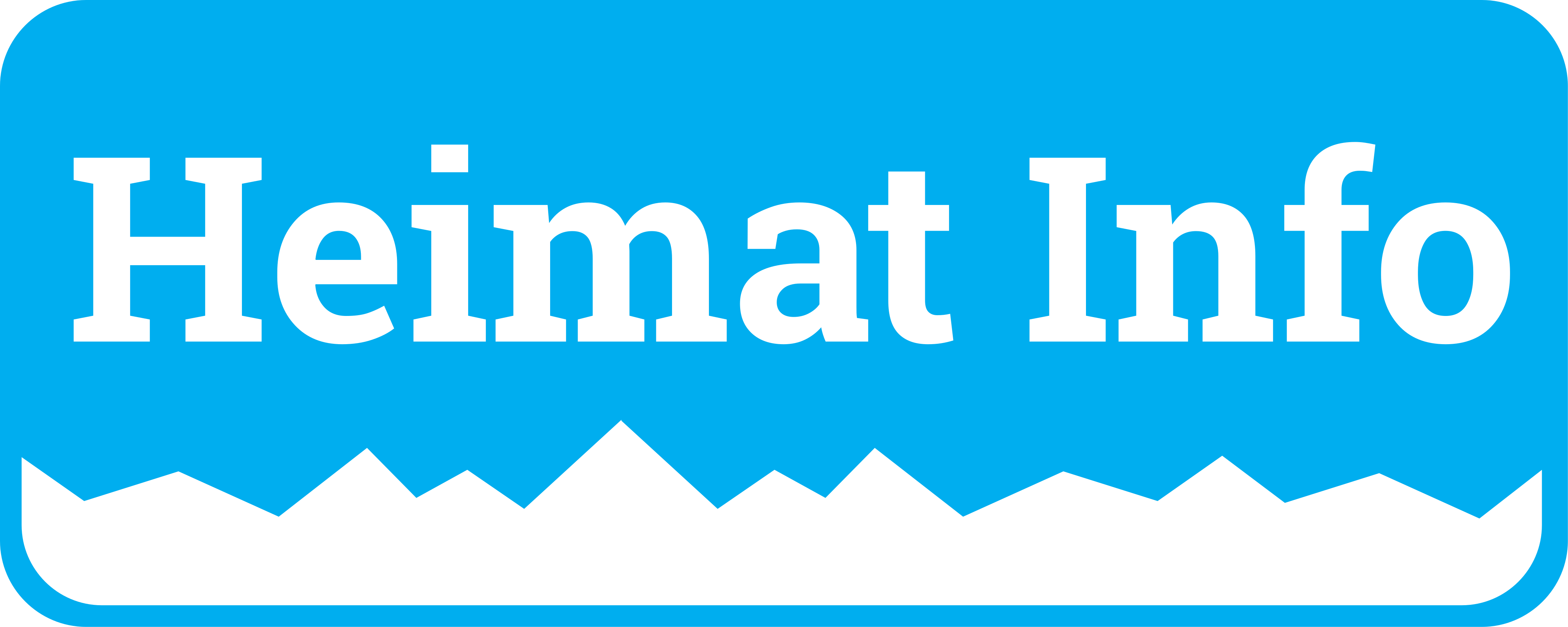 Weißer Schriftzug auf blauem Grund mit einer weißen stilisierten Bergkette: Heimat Info