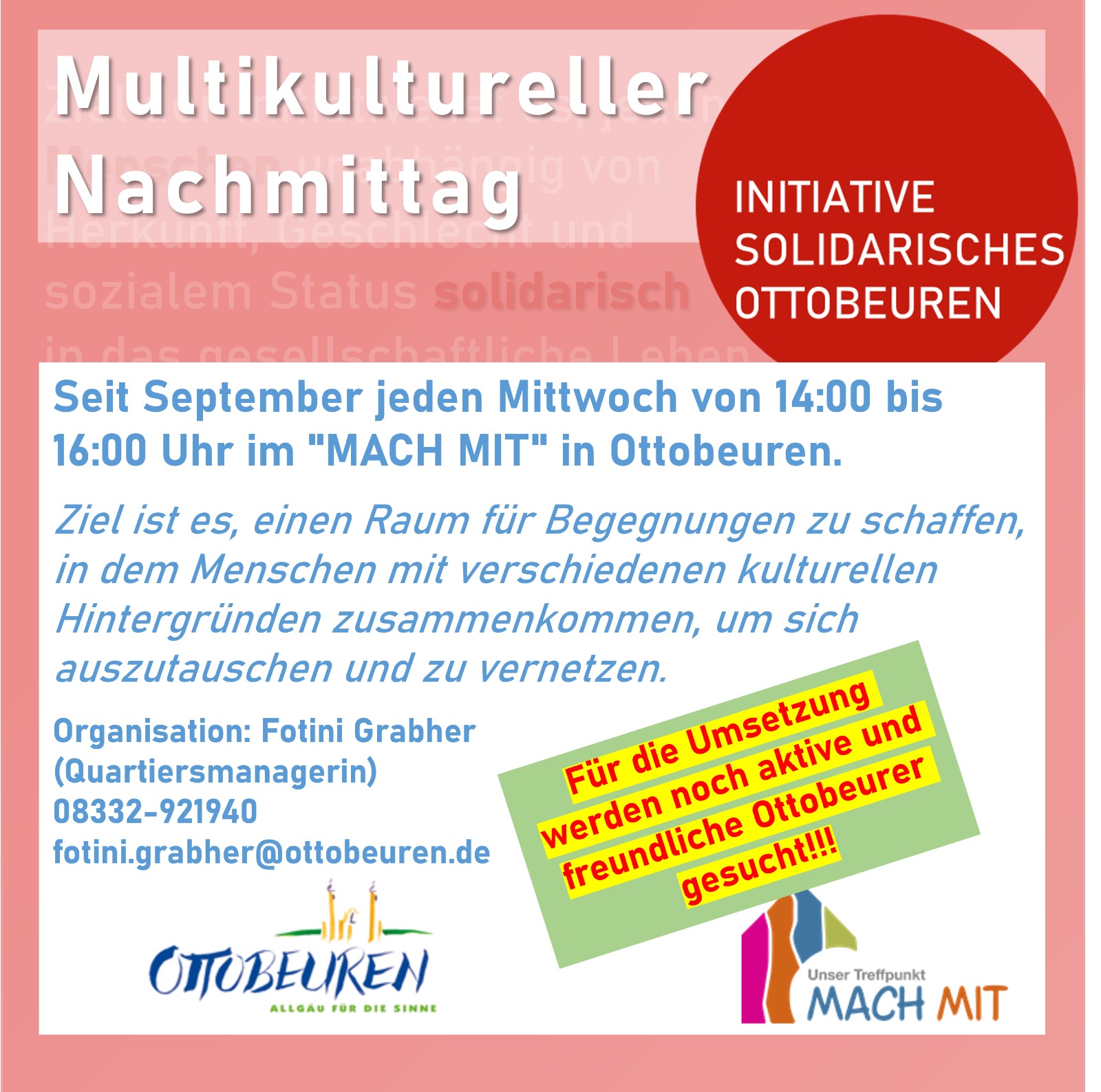 Multikultureller Nachmittag. Seit September jeden Mittwoch von 14:00 bis 16:00 Uhr im 'MACH MIT' in Ottobeuren.